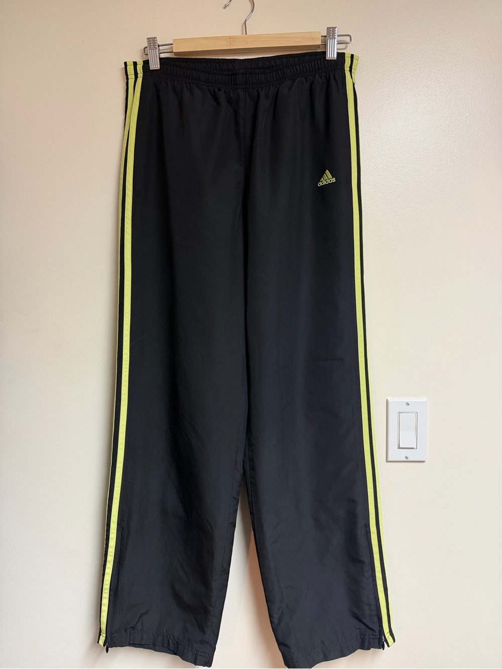 Adidas Black Track Pants with Neon Green Side Stripes